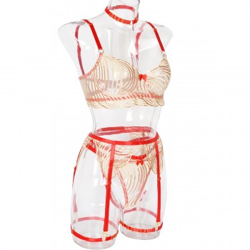 Lingerie For Women Gold Embroldery Lace Transparent Bra Fancy Female Underwear 4-Pieces Garter Belt With Stockings